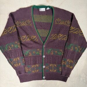 Vintage City Streets Mens Large Purple Paisley Knit Button Cardigan Sweater